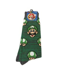 Super Mario Luigi Mushrooms Men's Crew Socks Size 10-13 Green Gray
